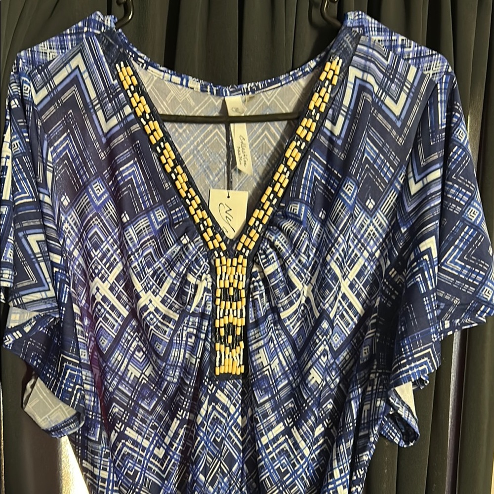 NY Collection Blue and White Geometric Blouse